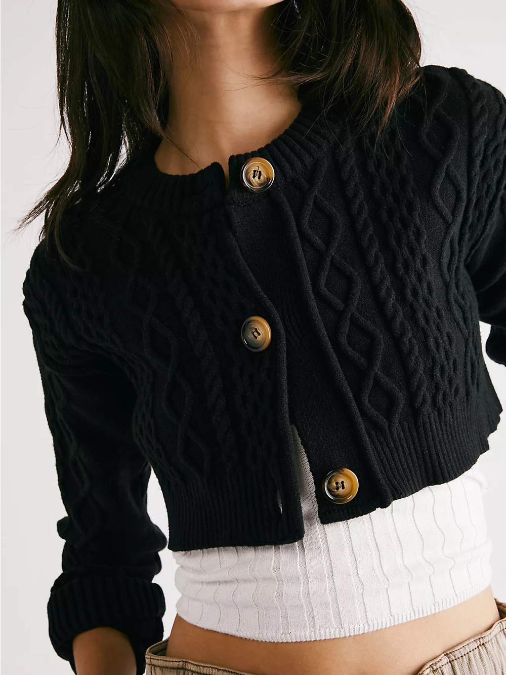 Free People | Sadie Cable Crop Sweater | Black | XS - Picture 3 of 8